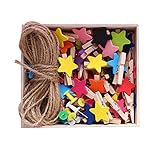 JIHUOO 50 Stück Bunt Stern Holzklammern Mini Klammer Wäscheklammern Zierklammern mit Twine und Haken
