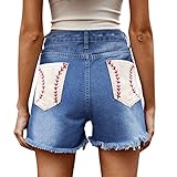 Generisch Frauen Mit Hoher Taillierter Shorts Frauen, Falten-Shorts Women Casual Weiße Leinen Shorts Plus Size Damenmode Sexy Ripped Fransen Shorts Independence Day Bedruckte Knopftaschen (S, Weiß)