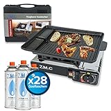Z.M.C Gaskocher 1-flammig + Aufbewahrungskoffer + Grillplatte 33x26x4 cm + 28x Gaskartuschen 227g, Campingkocher für Outdoor und Innenraum, Campinggaskocher 2,2 kW mit Piezozündung