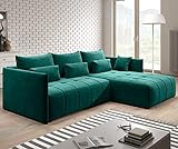 Furnix Ecksofa Yalta mit Schlaffunktion und Bettkasten - Couch L-Form Sofa mit Kissen - Stellfüße in Chromoptik - B245 x H83 x T182 cm, Liegefläche: 147 x 232 cm - MH37 (Grün)
