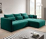 Furnix Ecksofa Yalta mit Schlaffunktion und Bettkasten - Couch L-Form Sofa mit Kissen - Stellfüße in Chromoptik - B245 x H83 x T182 cm, Liegefläche: 147 x 232 cm - MH37 (Grün)