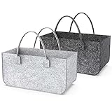 Mrrihand 2 Stück kaminholzkorb 52x26x26cm Grau mit Griffen Filztasche, Holzkorb für kaminholz Grau 35L, Filztaschen Shopper Multifunktion Filzkorb, für kaminholz, Spielzeug und Zeitung