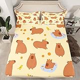Homewish Capybaras Bettlaken 140x200x30 Nettes Braunes Capybaras Bett Sätz für Kleinkinder Teens Jugend, Cartoon Vogel Capybara Orangen Spannbettlaken mit 1 Kissenbezug, Gelb Braun Ohne Oberes Blatt