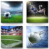 Fußball Motive als Leinwand-Bilder zur Deko - jedes Bild ist 30x30cm - 4-teiliges Fan Bilder-Set, aufhängefertige moderne Bilder für Kinder-Zimmer, Jungen Mädchen Wohnzimmer Schlafzimmer Set-A