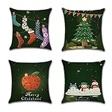 Kissenbezug 60x60cm 4er Set Grüne frohe Weihnachten Sofakissen Leinen Kissenbezüge QuadratKissenhülle Dekokissen mit Verstecktem Reißverschluss kopfkissenbezug für Schlafzimmer Wohnzimmer Garten Y278