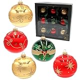 Lauschaer Christbaumschmuck - 9er Set Glaskugeln Rot und Gold und Grün, mundgeblasen und handdekoriert, mit Goldkrönchen, Größe Ø ca. 8 cm