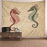 BCughia Wandteppich, Tapestry Rot Grün Polyester Seepferdchen-Paar Wandbehang 150x150cm (59' x 59') Wanddeko Geschenk