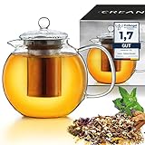 Creano Teekanne aus Glas 1,3l, 3-Teilige Glasteekanne mit Integriertem Edelstahl-Sieb und Glas-Deckel, Ideal zur Zubereitung von Losen Tees, tropffrei, All-in-One