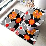 Set 3 Teilig Badvorleger Blume. 1960Er Bunte Boho Blumen Weiß Schwarz Rot Grau Nicht Beleg Pedestal Und Badvorleger Set Weiche Anti-Rutsch rutschfeste Fußmatte Set, Für Wohnzimmer, Wc-Sitz Bezug