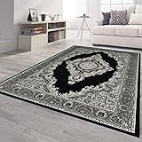 VIMODA Orient Teppich grau schwarz klassisch Ornament dicht gewebt Kurzflor farbecht, Maße:60x110 cm