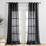 PONY DANCE Gardinen Wohnzimmer Voile Vorhang Halbtransparent Leinenoptik Vorhänge für Sonnenschutz & Sichtschutz Voile Gardine Ösenschal, 2er Ser H 240 x B 132 cm, Schwarz