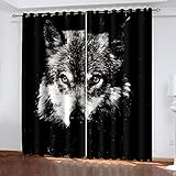 Vorhänge Blickdicht 3D Modisches Schwarz-Weißes Tier Wolf Gardinen Verdunkelungsvorhänge 200x214 Cm Verdunklungsvorhänge Ösen, Drucken Curtains Für Schlafzimmer Wohnzimmer Deko, Verdunklungsgardine