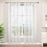 WOLTU VH6058ws-2, 2er Set Gardinen transparent Blumen Stickerei mit Schlaufen Leinen Optik, Doppelpack Vorhang Stores Voile Fensterschal Dekoschal für Wohnzimmer Schlafzimmer, 140x175 cm, Weiß