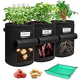 Airminti Kartoffel Pflanzsack, kartoffelsack Zum Pflanzen/ 3 Stück 10 Gallonen Pflanzsack mit Sichtbarer Klappe, Pflanzenschilder Zum Beschriften für Kartoffeln, Tomaten,Blumen, Gemüs (Schwarz)