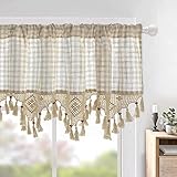 choicehot Beige Baumwolle Leinen Kurzgardine Vintage Häkelspitze Scheibengardine Landhausstil Plaid Küchengardine Shabby Bistrogardinen mit Quaste 1 Stück, H45×B180cm