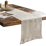NAMULA Hohl gewebter Tisch läufer, Baumwoll gewebter Tisch läufer, Baumwoll leinen Tischband-Quaste, geeignet für Dining Party-Feiertage-Beige||30 * 160CM