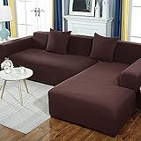 IMYOGI Hochelastische Sofabezüge für Sofas, 2-teilige Sofabezüge für L-förmige Sofas, Einer für den Sofateil, Einer für das Chaise-Sofa, mit 2 Kissenbezügen, braun, 3-Sitzer + 3-Sitzer