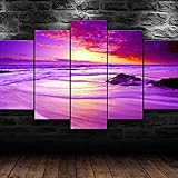 5 teiliges wandbild Lila Strand-Ozean-Sonnenuntergang 5 stück leinwand wandkunst,5 teilig leinwand wanddeko wohnzimmer,leinwanddruck 5 teilig bilder wohnzimmer modern groß,mit rahmen,xxl 150x80cm