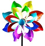 dekojohnson XXL Windrad für den Garten aus Metall Blume Windräder Windspiel Windmühle doppelt lila/blau/rot/grün - 166cm Groß