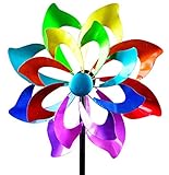 dekojohnson XXL Windrad für den Garten aus Metall Blume Windräder Windspiel Windmühle doppelt lila/blau/rot/grün - 166cm Groß