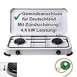 Campingkocher Gaskocher 2-flammig 50 mbar weiss mit Zündsicherung inkl. Gasschlauch 100cm und Gasdruckregler 50mbar