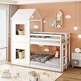 Hochbett 90X200, Hausbett Kinder Etagenbett aus Weißem Massivholz Bodentiefes Kinderbett mit Leiter Baldachin und Fenster