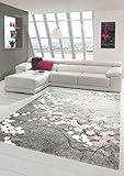 Merinos Teppich modern Wohnzimmer Teppich mit Blumenmotiv Pink Grau Größe 160x230 cm