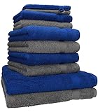 Betz Premium Frottier Handtuch-Set 10-teilig - 2X Duschtücher - 4X Handtücher - 2X Gästetücher - 2X Waschhandschuhe - Royal Blau & Anthrazit