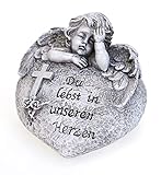 Deko Engel Figur Schutzengel Grabengel Trauernd an Herz 11,5 x 8 cm, Polystein Steinoptik Grau, Dekoengel Grabschmuck Trauerspruch Engelkind Grabstein