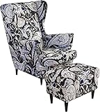 Ohrensessel überzug mit Hocker Bezug, 2 Teilig Sessel-Überwürfe+1 Teilig Ottomane Schonbezug, Beige/Grün/Rosa/Blau Ohrensessel Schonbezüge Sesselhusse Stretch Tiger Stuhlbezug mit Armlehne ( Color : #
