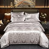 Beyeutao Jacquard Bettbezug Doppelbett-Set Bettbezug Elegant Paisley Silber Grau Bettwäsche-Set Damast Bettbezug 3-teiliges Satin Bettwäsche-Set Bettbezug Set Kissenbezüge (Silbergrau, Doppelbett)