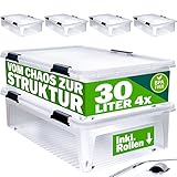 Deuba® Aufbewahrungsboxen 4 x 30l mit Deckel und Rollen, stapelbar, transparent Kunststoff BPA-frei Klickverschluss, RB60 für Büro, Garage, Waschraum