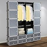 Herrselsam DIY Kleiderschrank Regalsystem 16 Würfel Garderobe Kleiderschrank Offen Kunststoff Garderobe mit Türen Garderobenschrank Schwarz 180 x 142 x 37CM