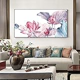 Hd-Druck-Poster im nordischen Stil, Sommer-Lotus-Leinwandgemälde, rosa lila Blume, Wandkunst, Bild für Wohnzimmerdekoration, 70 x 140 cm, rahmenlos