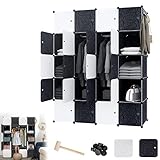 LZQ DIY Kleiderschrank Kunststoff Multifunktionsschrank Regalsystem, 20 Würfel Schrank aus Kunststoff, mit 3 Kleiderstange, für Schlafzimmer(Schwarz, 145x37x178cm)