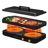 COOKTRON Portable Induktionskochfeld 2 Brenner mit abnehmbarem Eisen Guss Grillpfanne Antihaft, 1800W Doppelinduktionskochfeld mit Kindersicherung Zeit, ideal für Familienfeier