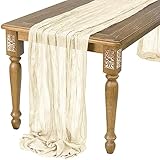 Tischläufer Beige, 90 x 400 cm Gaze-Tischläufer, Lang Romantisch Halbdurchsichtiger Stoff, Tischdecke Beige für Babyparty Tischdekoration, Geburtstagsparty, Hochzeit Tischdekorationen