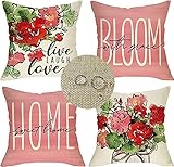 Jaxiaco 4er Set Dekorativen wasserdichte Kissenbezug Pink Rot 40x40cm Sommer Outdoor Kissenbezüge Leinen Quadratische Dekokissen Flowers Geometrische Muster für Sofa Schlafzimmer Zuhause Dekor J-2391