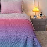 SUCHDECO Tagesdecke Bettüberwurf 150 x 200 cm Farbverlauf Blau Rosa Bettwäsche für Mädchen, Herzförmige Gesteppte Bettdecke Überwurfdecke Allzweckdecke Sofa für Teenager, Mädchen, Frauen