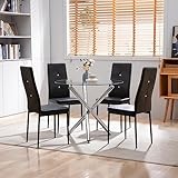 SICOTAS Esszimmer-Set, Esstisch mit 4 Stühlen, Couchtisch mit 3 Metallbeinen und Freischwinger Stühlen aus schwarzem PU für Esszimmer, Küche, Wohnzimmer