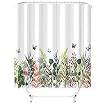 M&W DAS DESIGN Duschvorhang bunt Blumen Schmetterlinge Badezimmer Textil Vorhang Antischimmel Effekt Pflanzen waschbar Shower Curtain Badewanne Blätter inkl. 12 C-Ringe Gewicht unten 200x220(BxH) cm