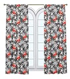 Assos Home Tropisches Muster bedruckter Vorhang / Schlafzimmer Esszimmer Wohnzimmer Abdeckungen Set mit 2 Paneelen – mehrdimensionaler Flamingo mit Palmblättern, Grau