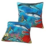 Delphine Sea Turtle Octopus Coral Reef Quadratischer Kissenbezug – Set mit 2 Kissenbezügen, Heimdekoration für Couch, Bett, Sofa, Schlafzimmer, Auto