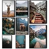 HappyArts® | Premium 8er Poster Set | Bilder Wohnzimmer Deko Schlafzimmer | Natur Berge See Wandern Hirsch (ohne Rahmen)…