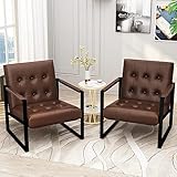 HOOSENG Accent Stühle Set, 2 Stück, Mitte des Jahrhunderts getuftet Kunstleder Sessel mit gepolsterter Sitzfläche und Metallrahmen, Doppelsofa Freizeitstuhl für Wohnzimmer Schlafzimmer Büro, Braun