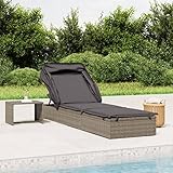 Yolola Sonnenliege Rattan mit Faltdach Outdoor Rattan Gartenliege Verstellbare Sonnenliege Mit Dach Relaxliege Gartenmöbel Liege Strandliege Grau 213x63x97 cm