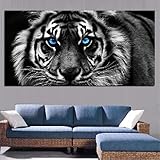 BIEMBI Moderne Leinwandmalerei mit blauen Augen, Tigertieren, schwarz-weißer Tigerkopf, Poster und Drucke, Wandkunstbild für Wohnzimmer, 80 x 160 cm, rahmenlos