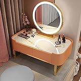 EnixWh Schminktisch-Hocker-Set, Make-up-Set mit Dimmer-LED-Spiegel und Schrankschubladen, Morden Home-Kommode, Elegantes Schlafzimmer-Schminktisch-Set als Geschenk für Mädchen (Farbe: Orange + Weiß