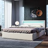 KecDuey Polsterbett 140 x 200 cm,Doppelbett Funktionsbett mit Lattenrost und Stauraum, LED-Beleuchtung, mit Funktion von Aufbewahrung, weiß,PU (Weiß#, 140 x 200cm)