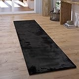 Paco Home Teppich Läufer Hochflor Wohnzimmer Flur Flauschig Schlafzimmer Fell Kunstfell Modern Fellimitat Einfarbig, Grösse:80x150 cm, Farbe:Schwarz